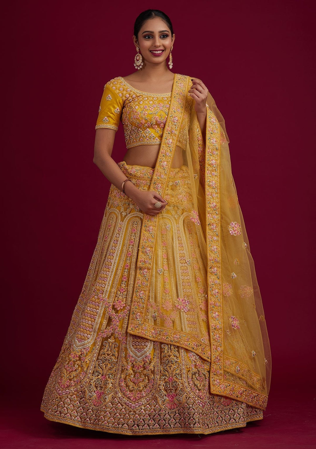 Yellow Threadwork Net Designer Semi-Stitched Lehenga - koskii