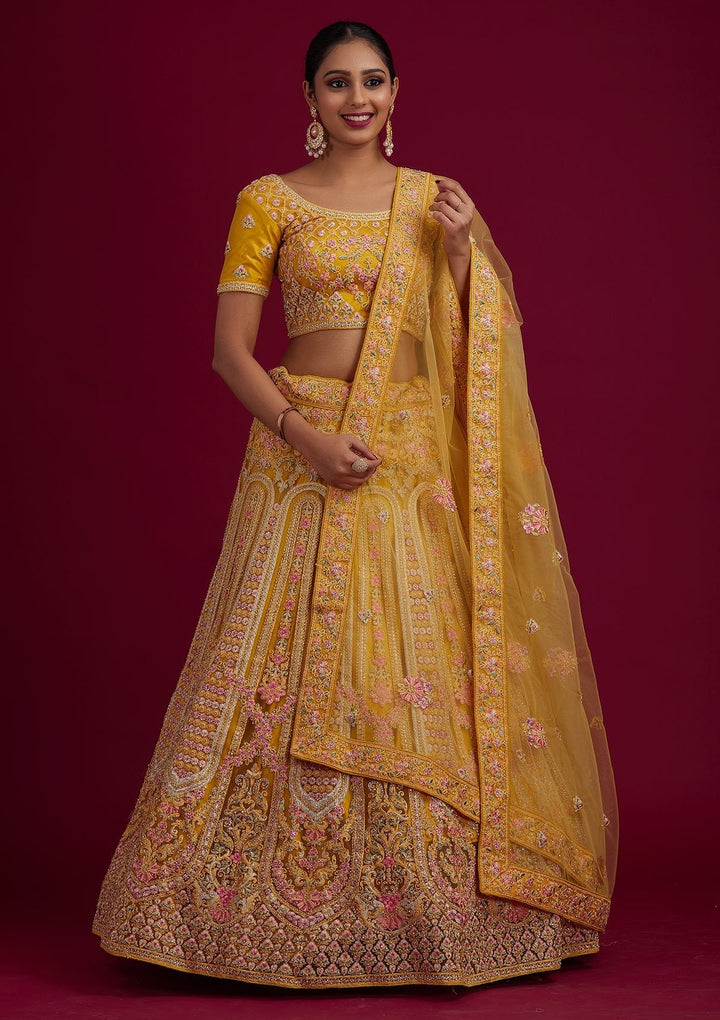 Yellow Threadwork Net Designer Semi-Stitched Lehenga - koskii