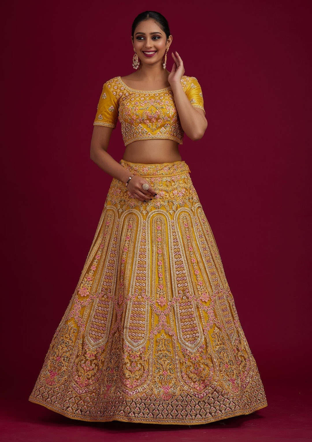 Yellow Threadwork Net Designer Semi-Stitched Lehenga - koskii