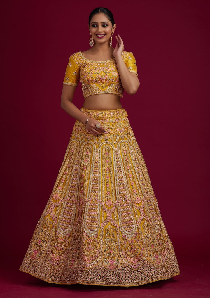 Yellow Threadwork Net Designer Semi-Stitched Lehenga - koskii