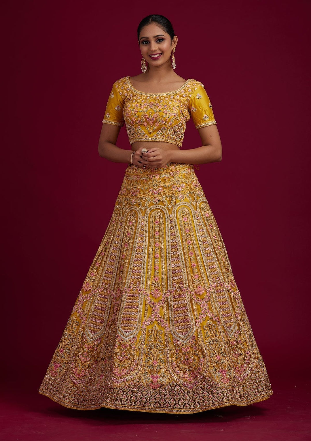 Yellow Threadwork Net Designer Semi-Stitched Lehenga - koskii