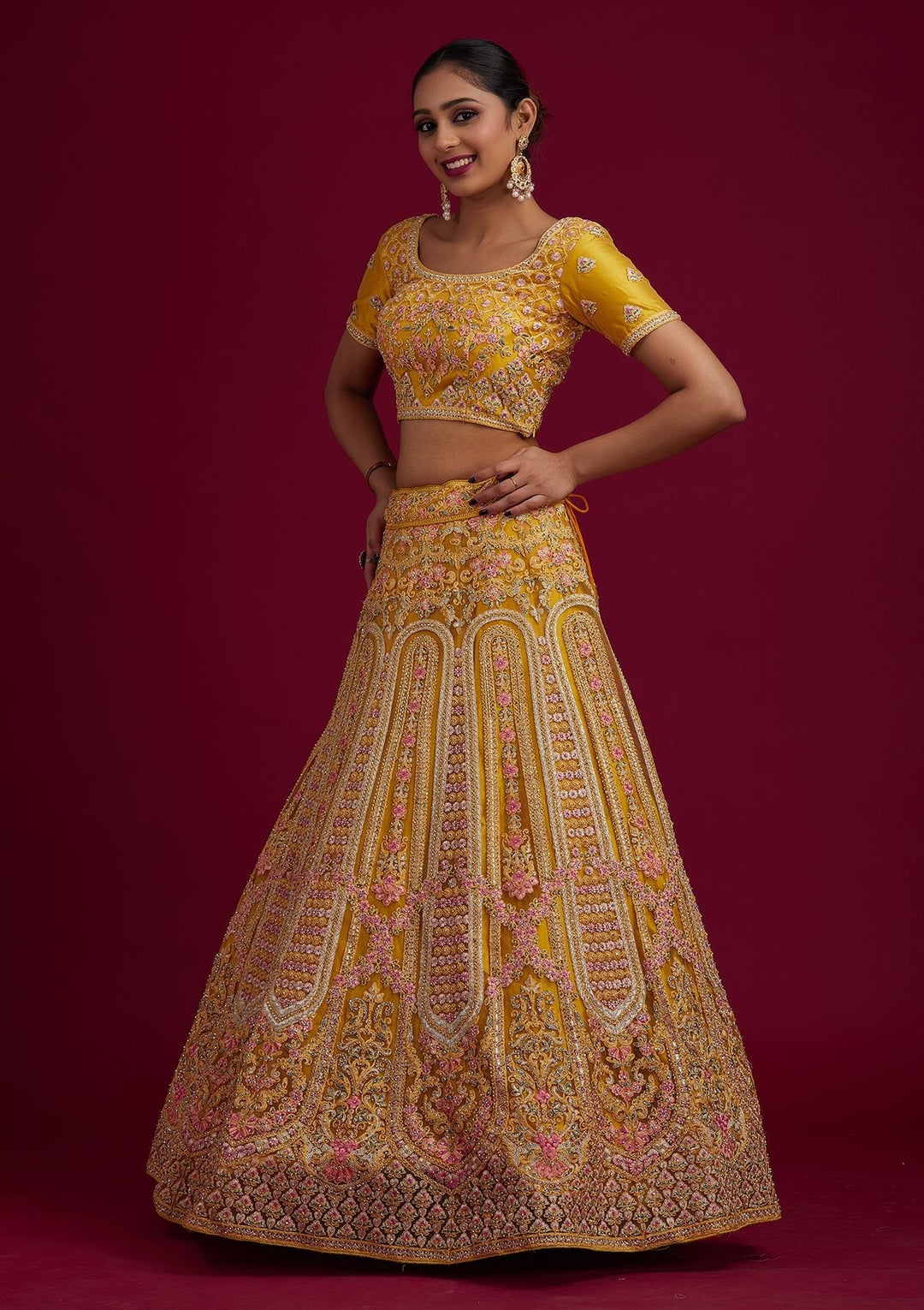 Yellow Threadwork Net Designer Semi-Stitched Lehenga - koskii