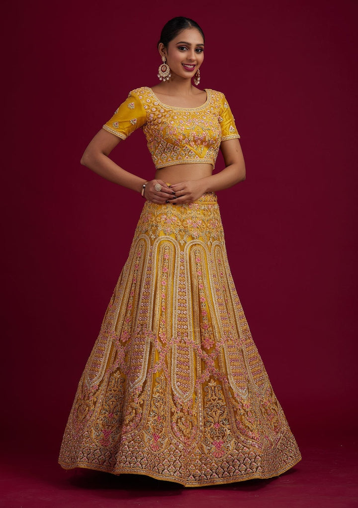 Yellow Threadwork Net Designer Semi-Stitched Lehenga - koskii