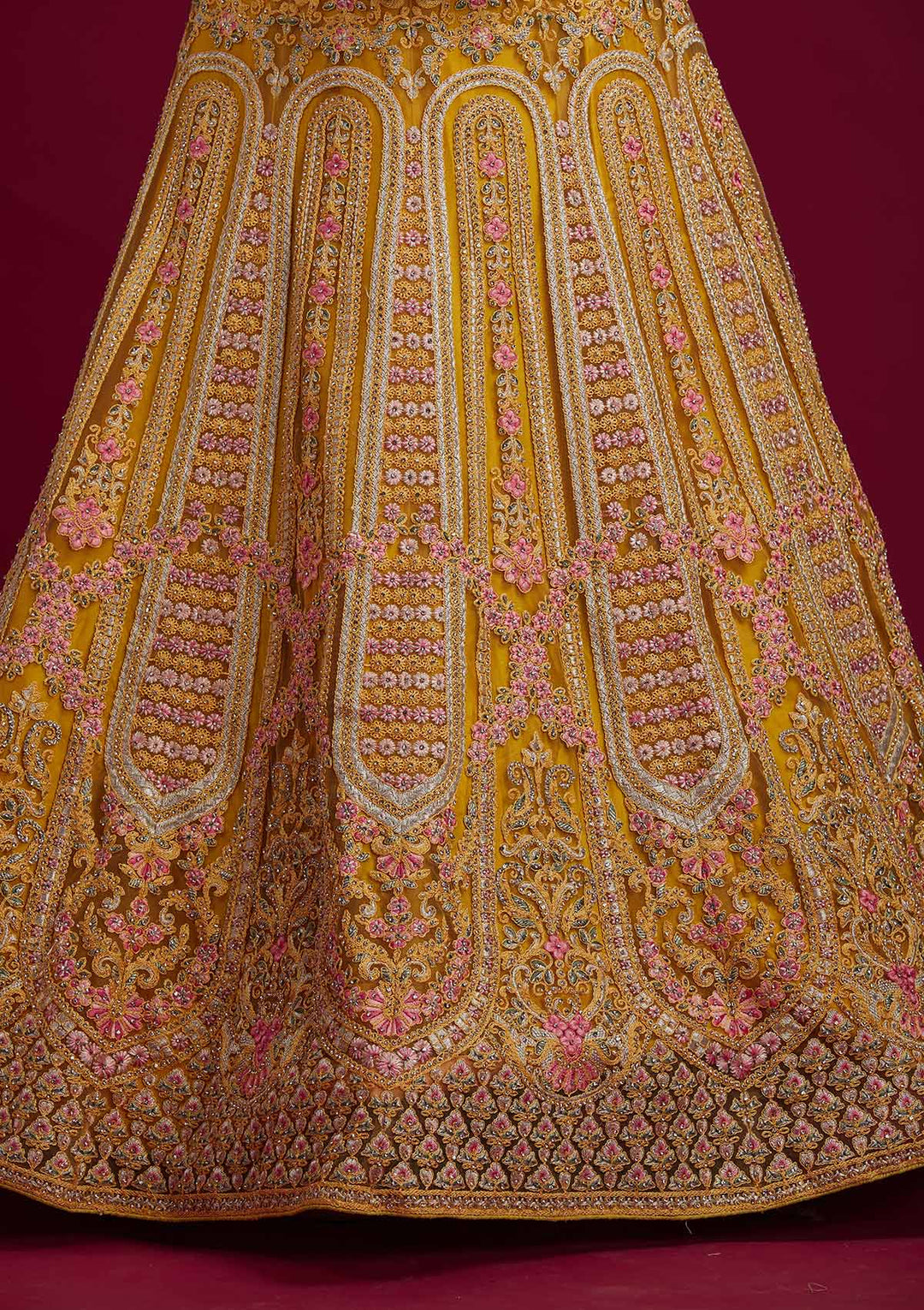 Yellow Threadwork Net Designer Semi-Stitched Lehenga - koskii