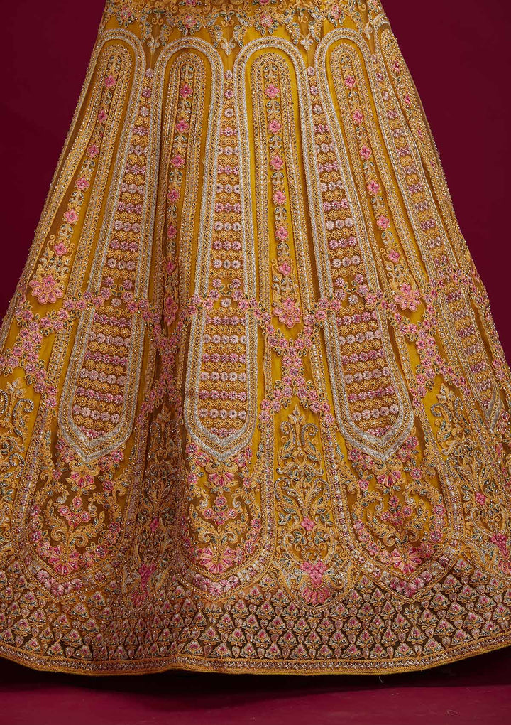 Yellow Threadwork Net Designer Semi-Stitched Lehenga - koskii