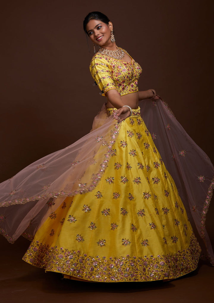 Yellow Threadwork Raw Silk Lehenga-Koskii
