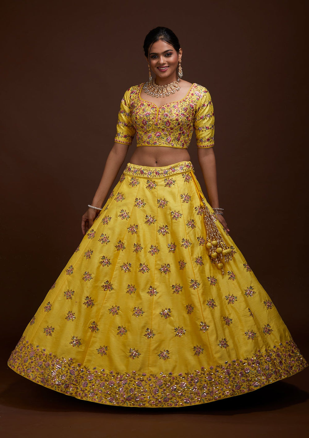 Yellow Threadwork Raw Silk Lehenga-Koskii