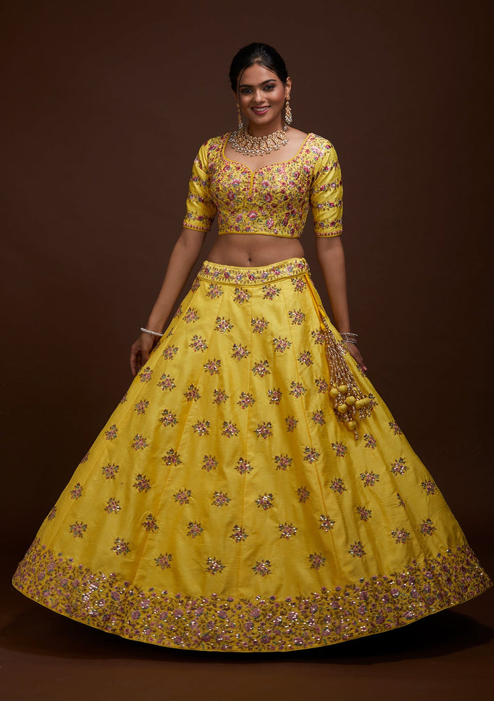 Yellow Threadwork Raw Silk Lehenga-Koskii
