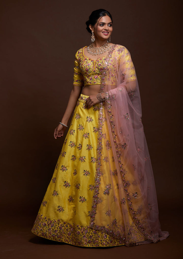 Yellow Threadwork Raw Silk Lehenga-Koskii