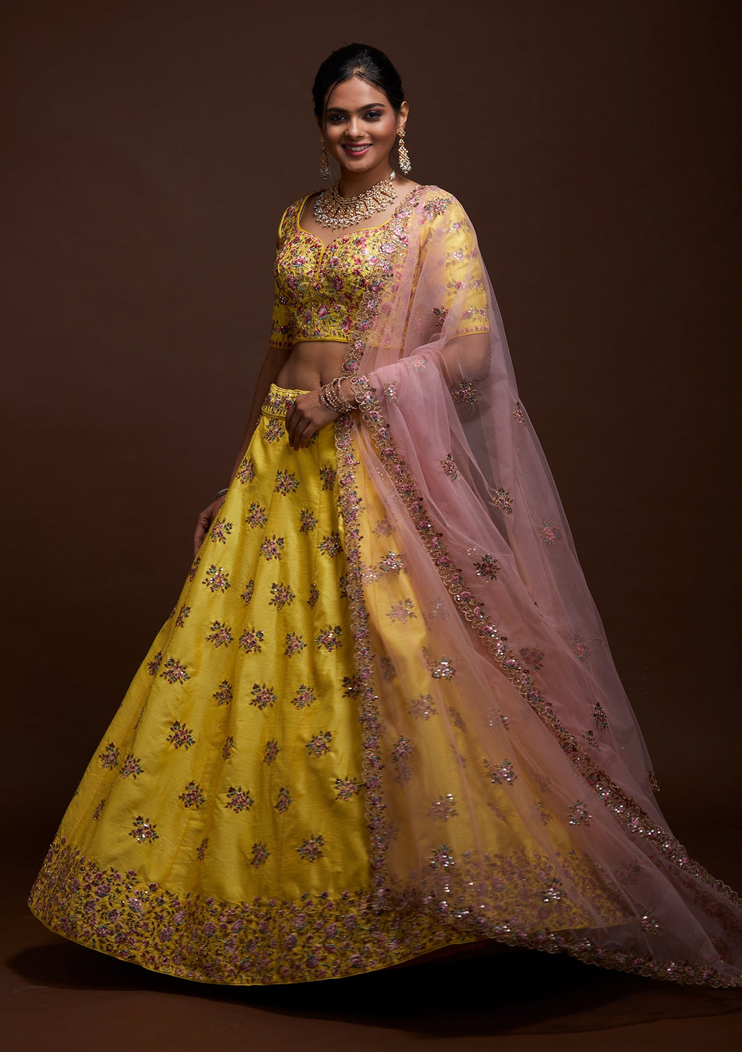 Yellow Threadwork Raw Silk Lehenga-Koskii
