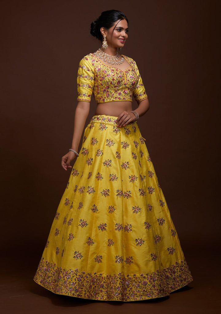 Yellow Threadwork Raw Silk Lehenga-Koskii