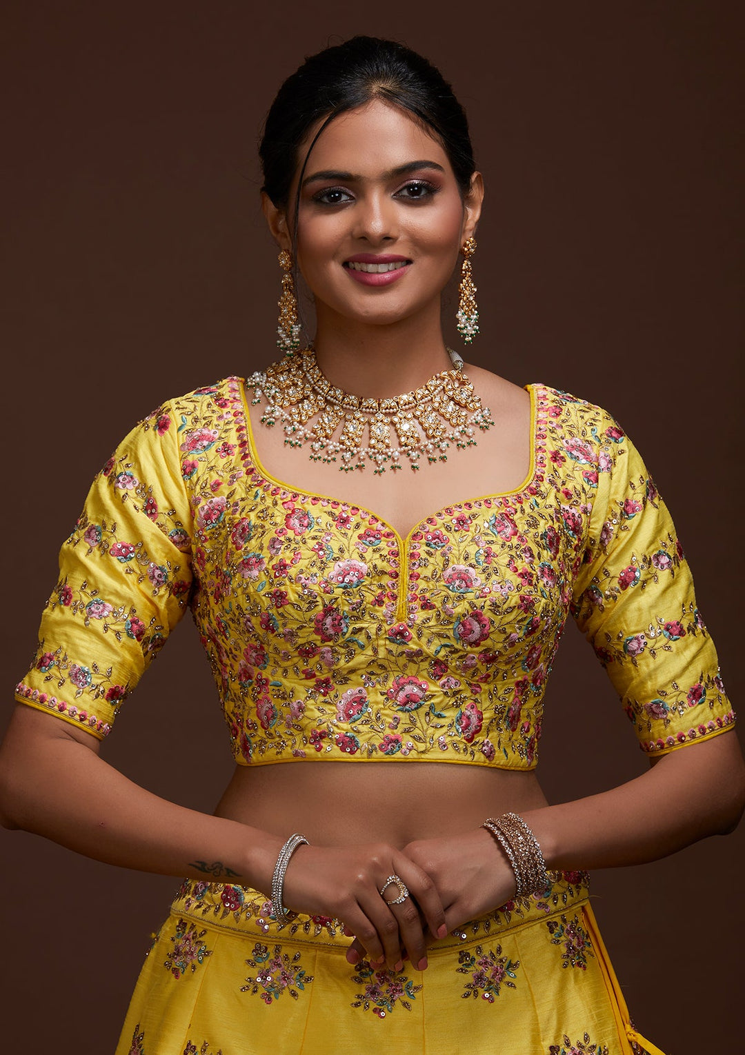 Yellow Threadwork Raw Silk Lehenga-Koskii