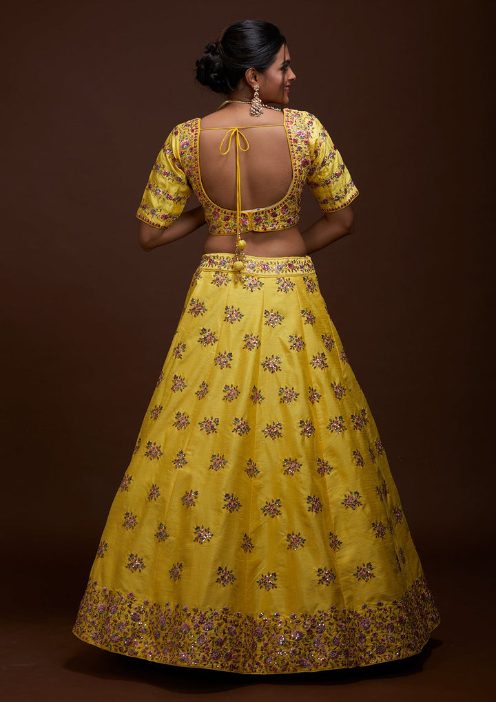 Yellow Threadwork Raw Silk Lehenga-Koskii