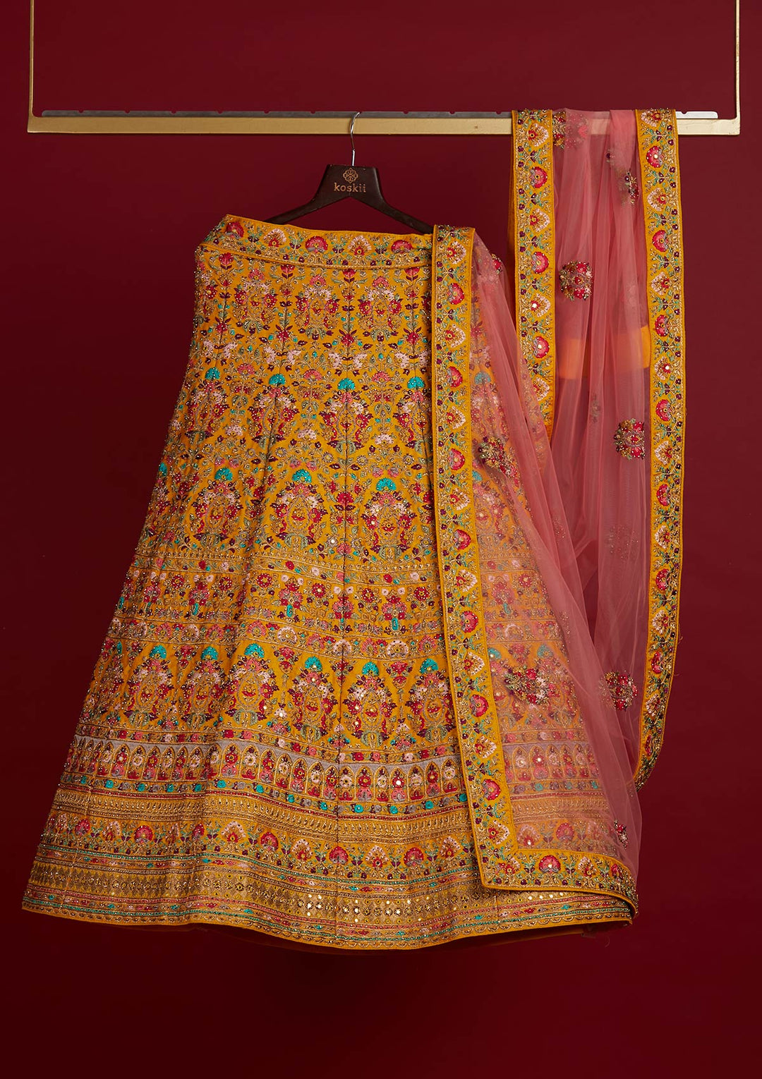 Yellow Threadwork Raw Silk Designer Semi-Stitched Lehenga - Koskii