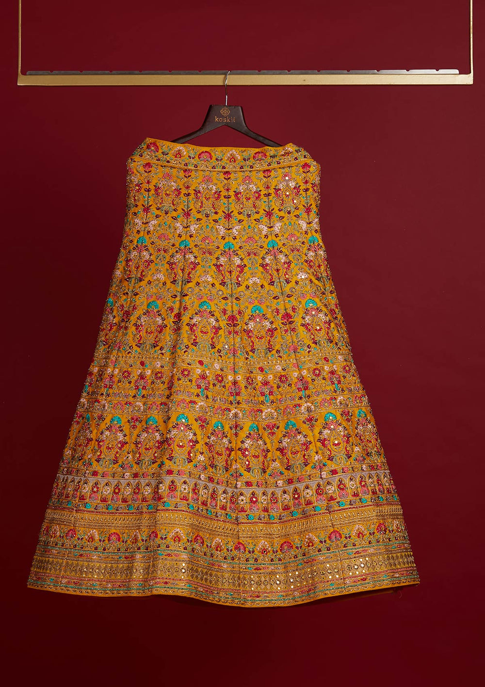 Yellow Threadwork Raw Silk Designer Semi-Stitched Lehenga - Koskii