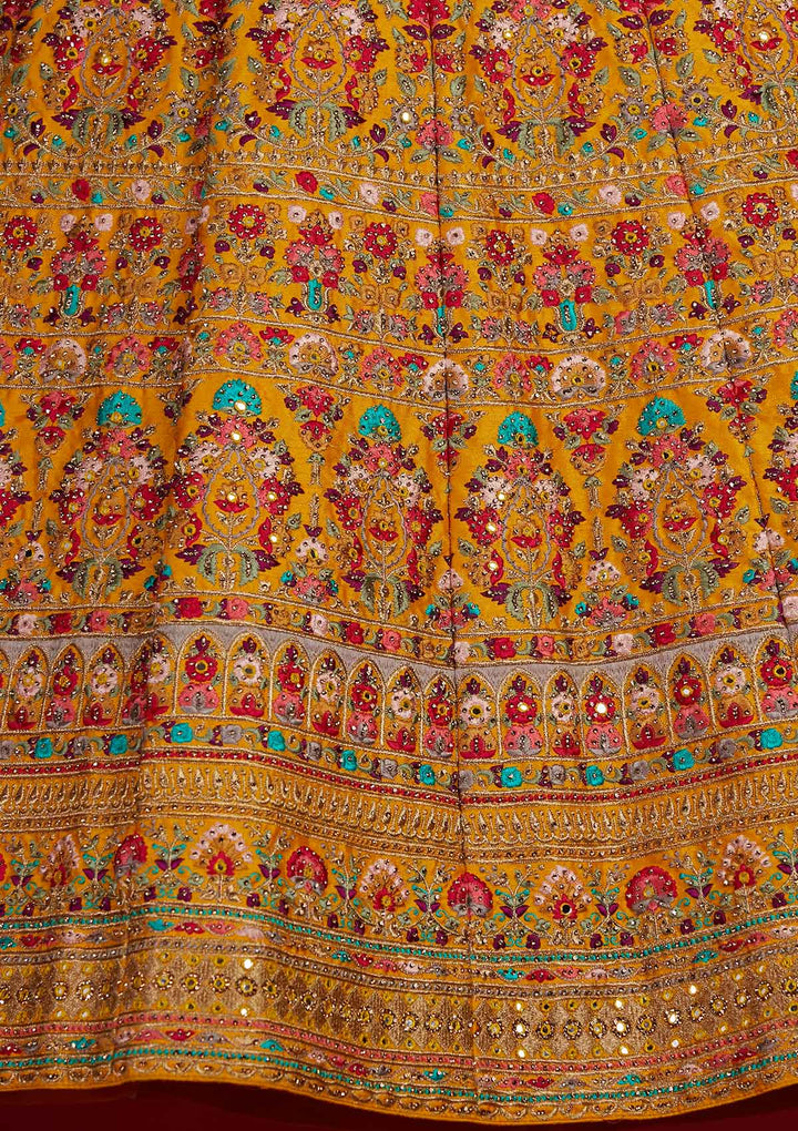 Yellow Threadwork Raw Silk Designer Semi-Stitched Lehenga - Koskii