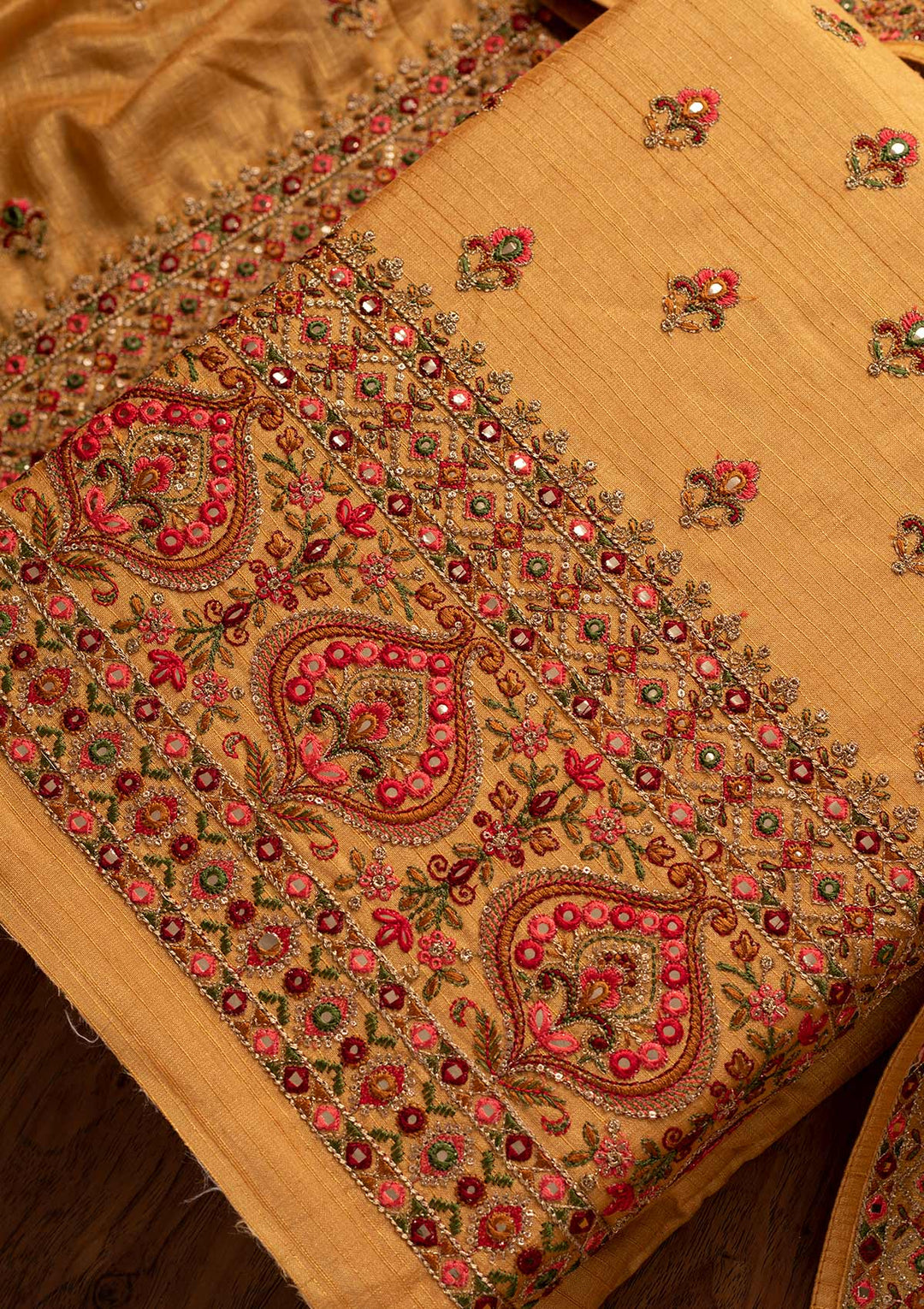 Yellow Threadwork Raw Silk Designer Unstitched Salwar Suit - koskii