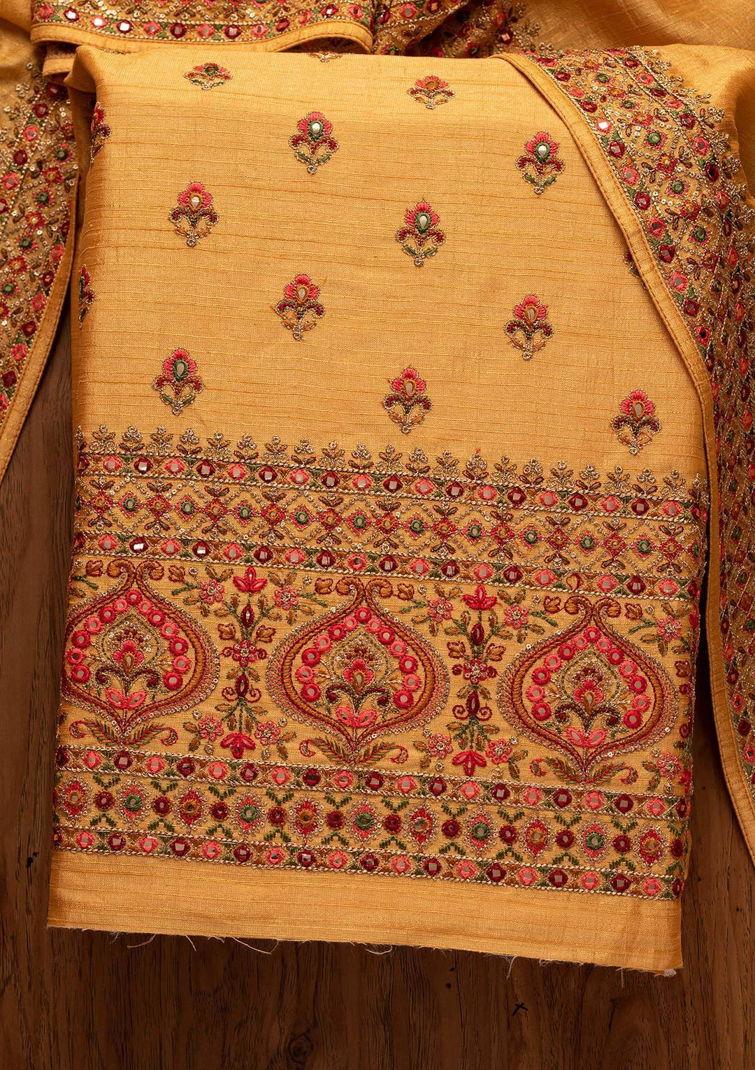 Yellow Threadwork Raw Silk Designer Unstitched Salwar Suit - koskii