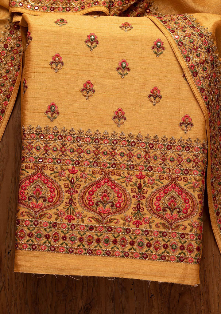Yellow Threadwork Raw Silk Designer Unstitched Salwar Suit - koskii