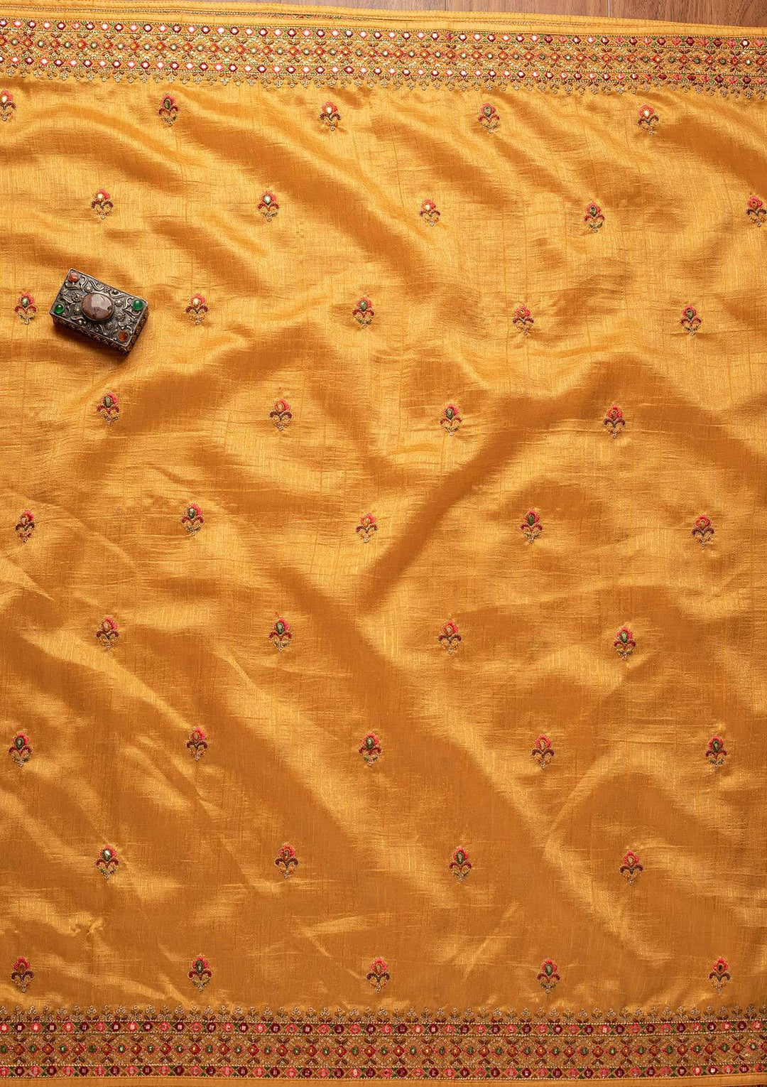 Yellow Threadwork Raw Silk Designer Unstitched Salwar Suit - koskii