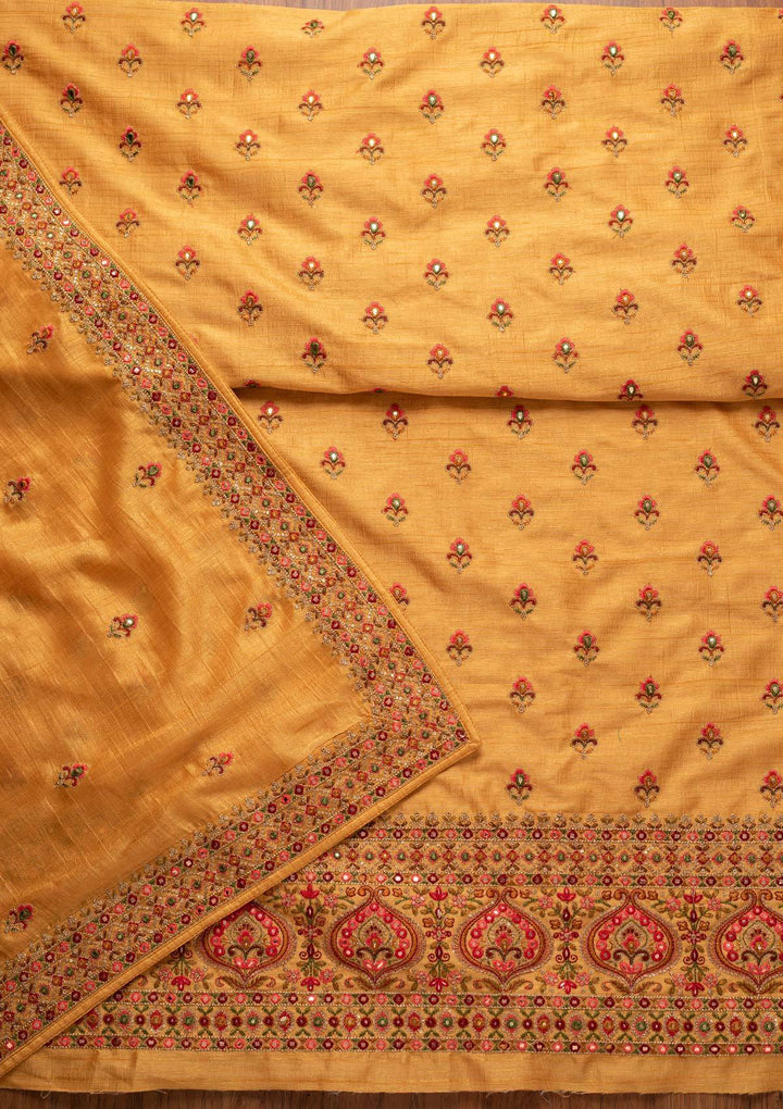 Yellow Threadwork Raw Silk Designer Unstitched Salwar Suit - koskii