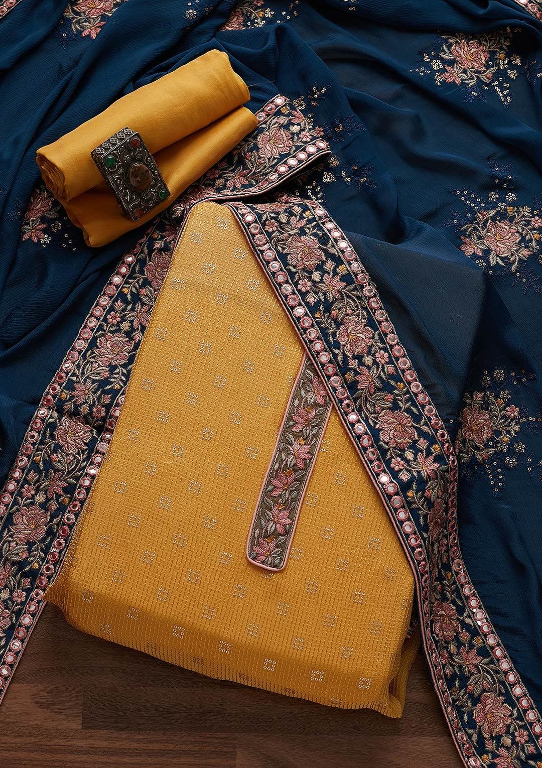 Yellow Threadwork Semi Crepe Designer Semi-Stitched Salwar Suit - Koskii