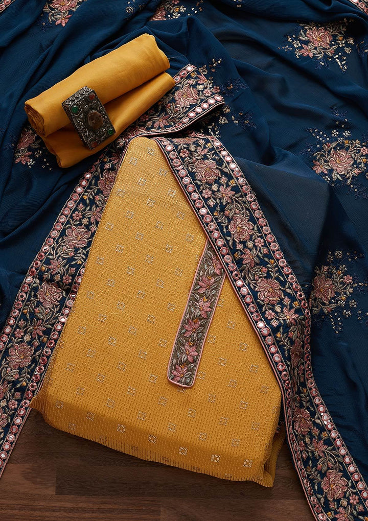 Yellow Threadwork Semi Crepe Designer Semi-Stitched Salwar Suit - Koskii