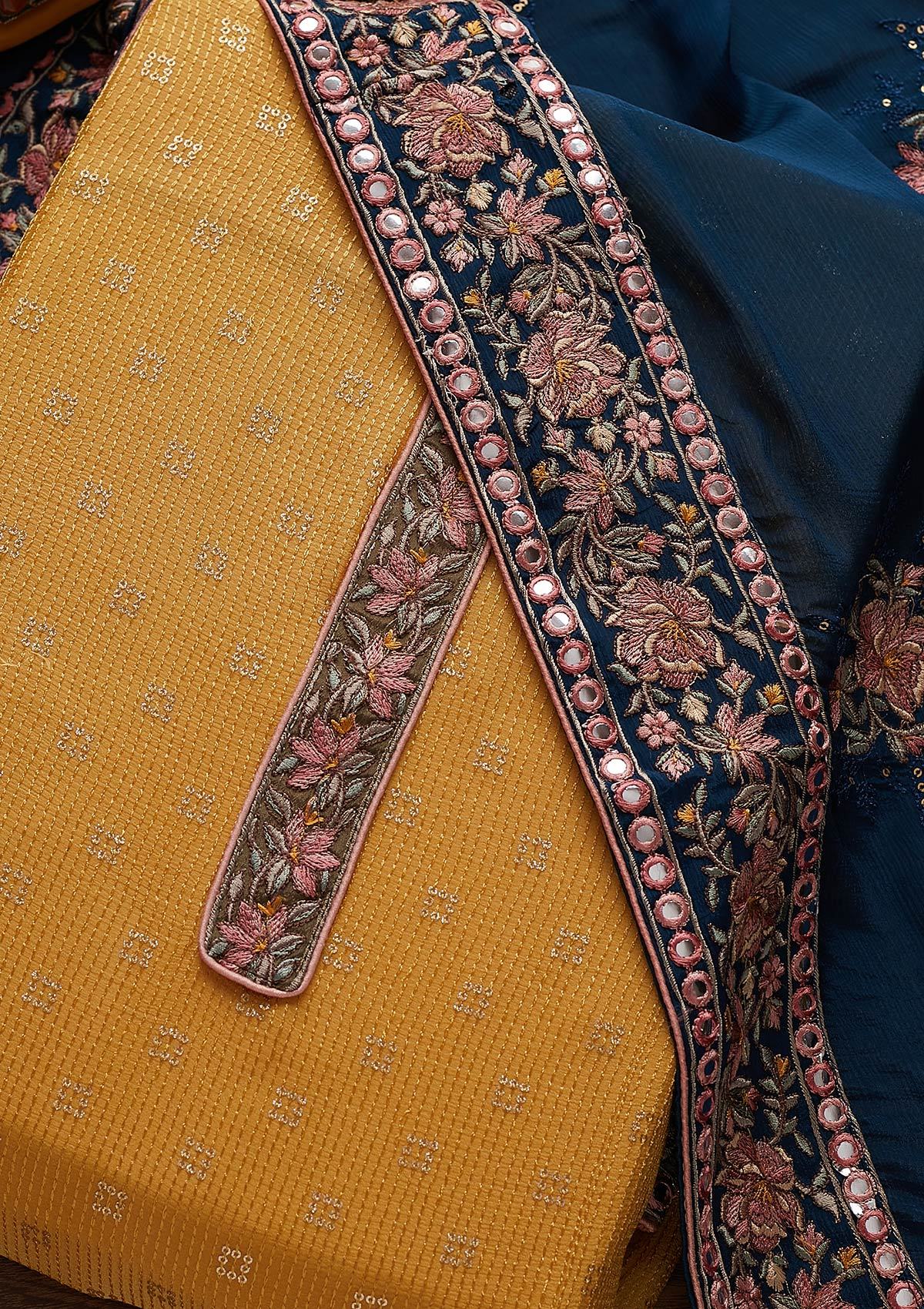 Yellow Threadwork Semi Crepe Designer Semi-Stitched Salwar Suit - Koskii