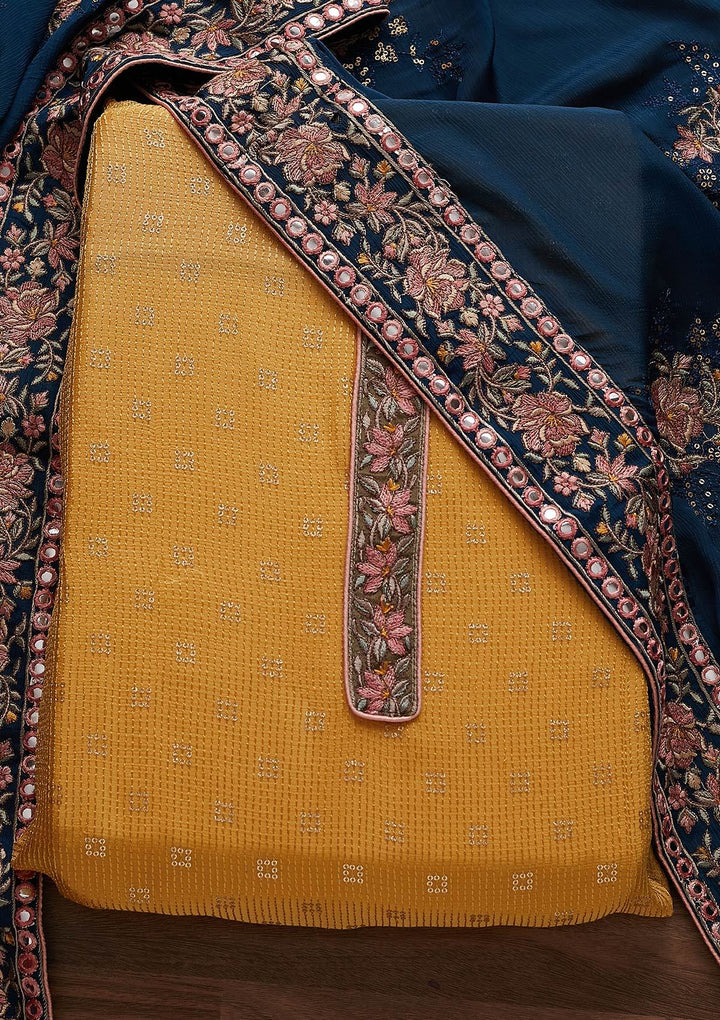 Yellow Threadwork Semi Crepe Designer Semi-Stitched Salwar Suit - Koskii