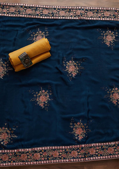 Yellow Threadwork Semi Crepe Designer Semi-Stitched Salwar Suit - Koskii