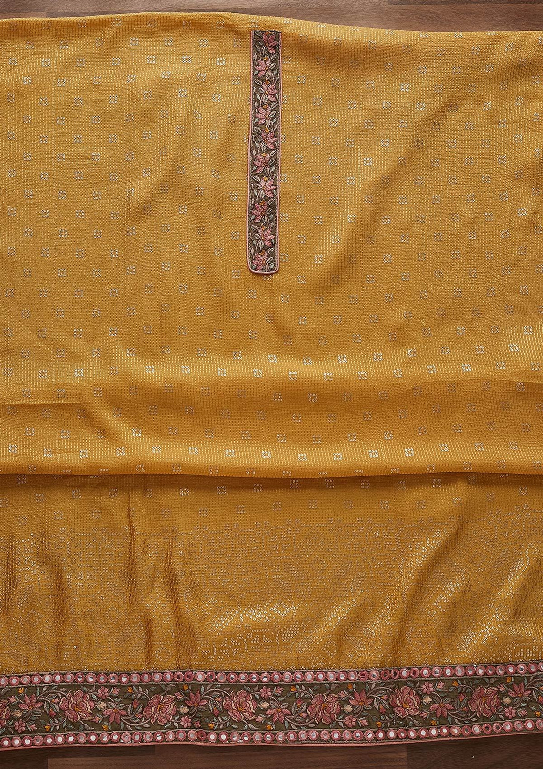 Yellow Threadwork Semi Crepe Designer Semi-Stitched Salwar Suit - Koskii