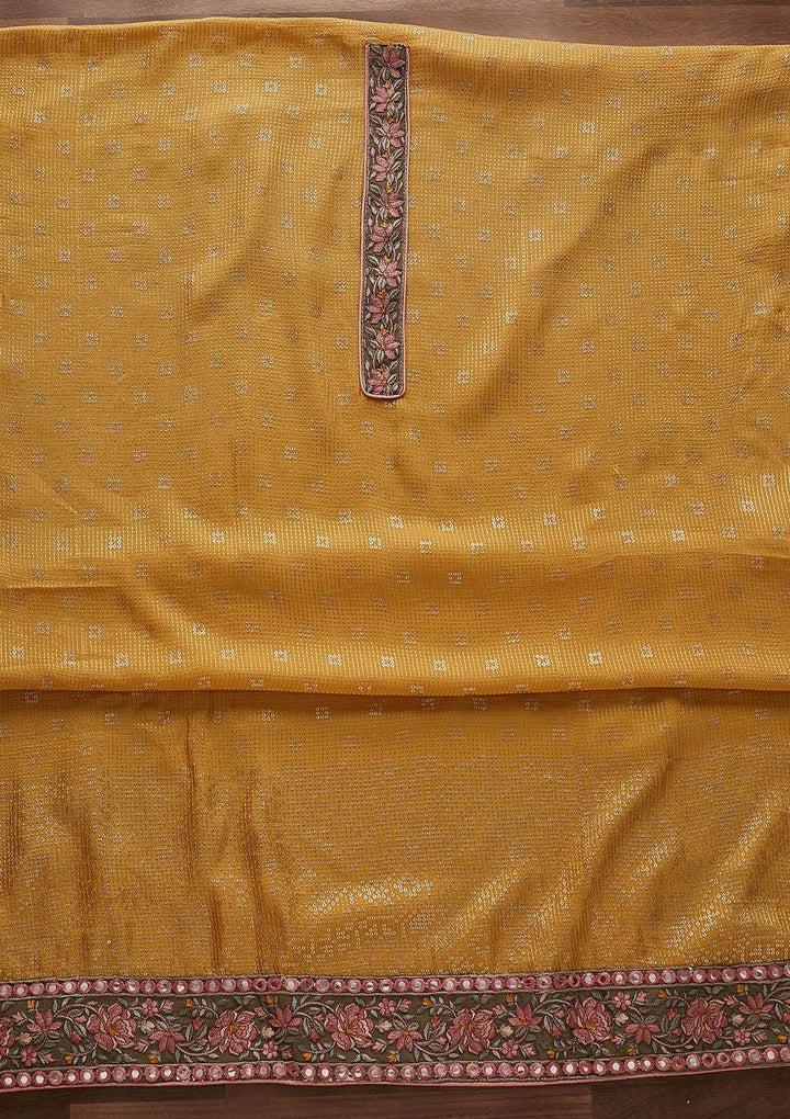 Yellow Threadwork Semi Crepe Designer Semi-Stitched Salwar Suit - Koskii