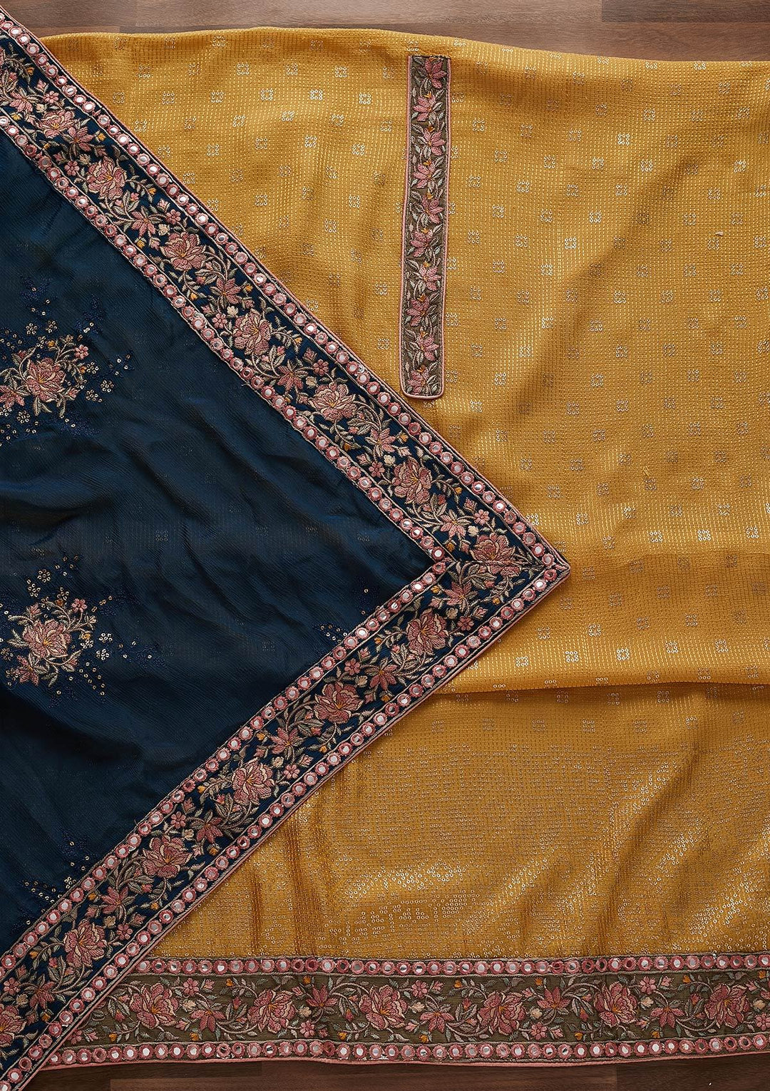 Yellow Threadwork Semi Crepe Designer Semi-Stitched Salwar Suit - Koskii
