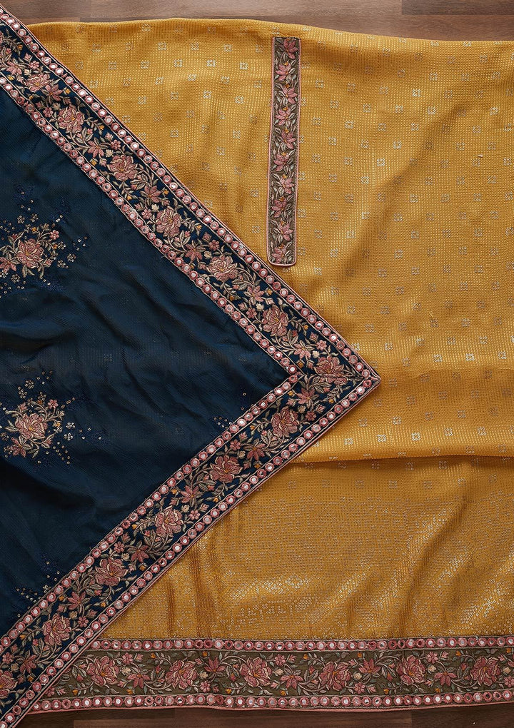 Yellow Threadwork Semi Crepe Designer Semi-Stitched Salwar Suit - Koskii