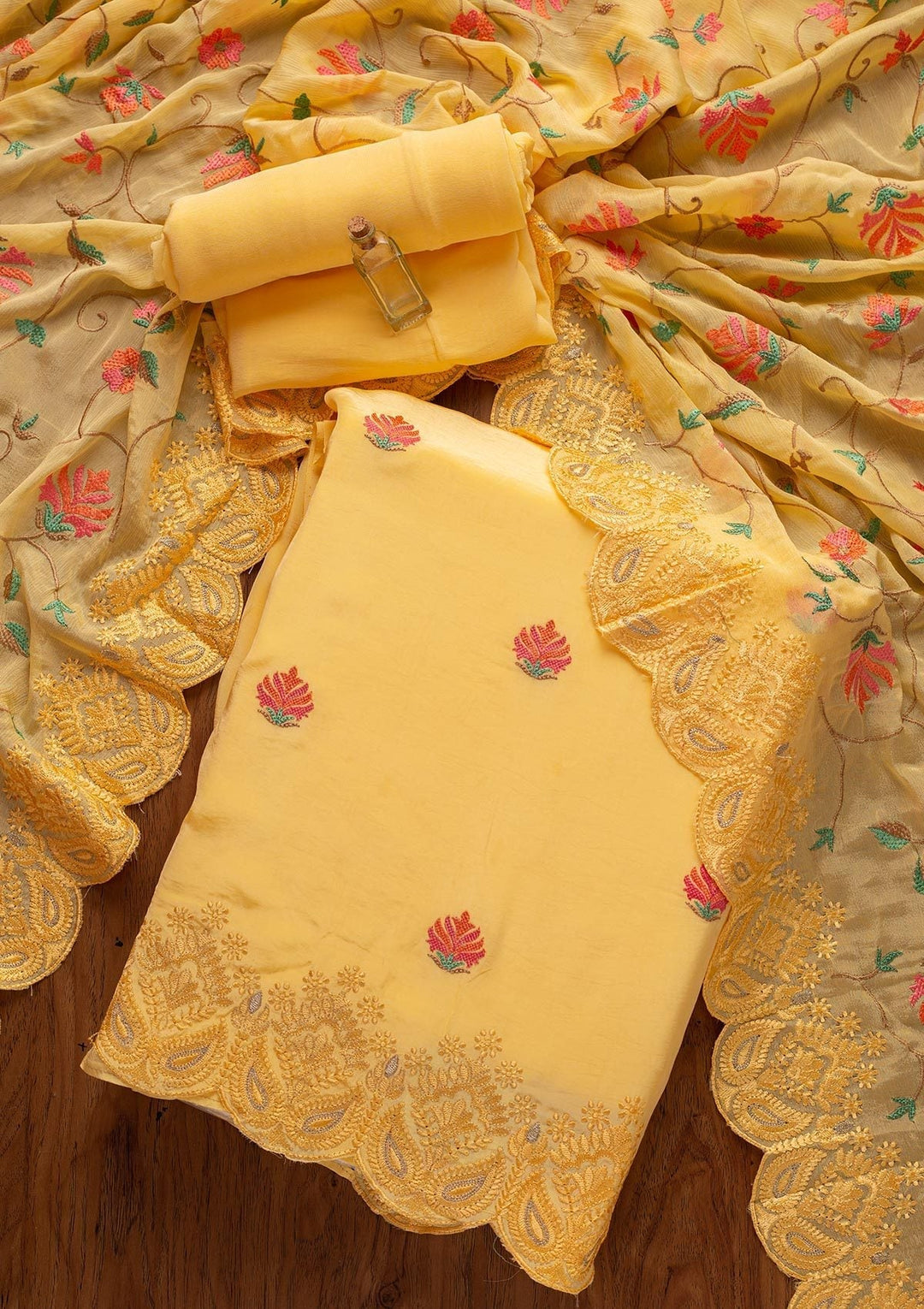 Yellow Threadwork Semi Crepe Designer Unstitched Salwar Suit - koskii