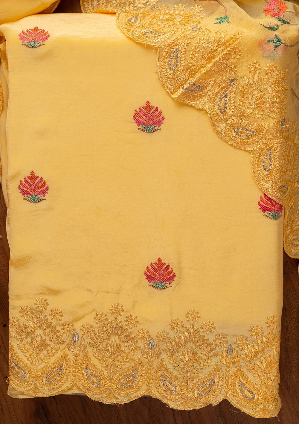 Yellow Threadwork Semi Crepe Designer Unstitched Salwar Suit - koskii