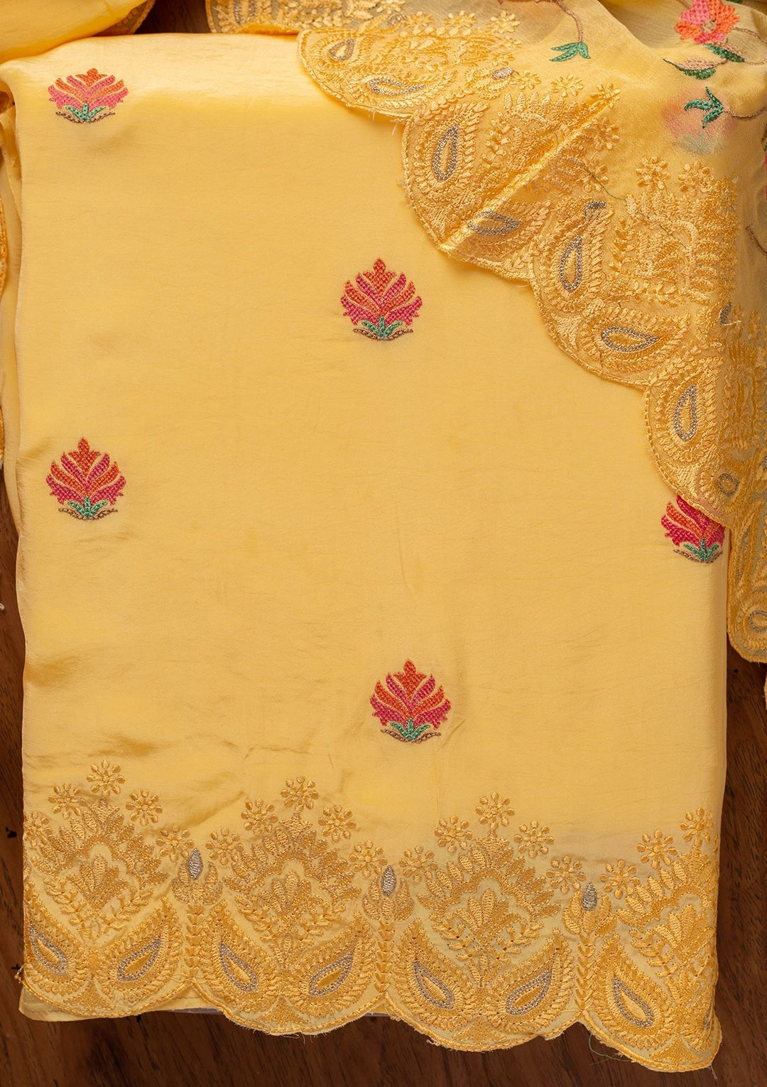 Yellow Threadwork Semi Crepe Designer Unstitched Salwar Suit - koskii