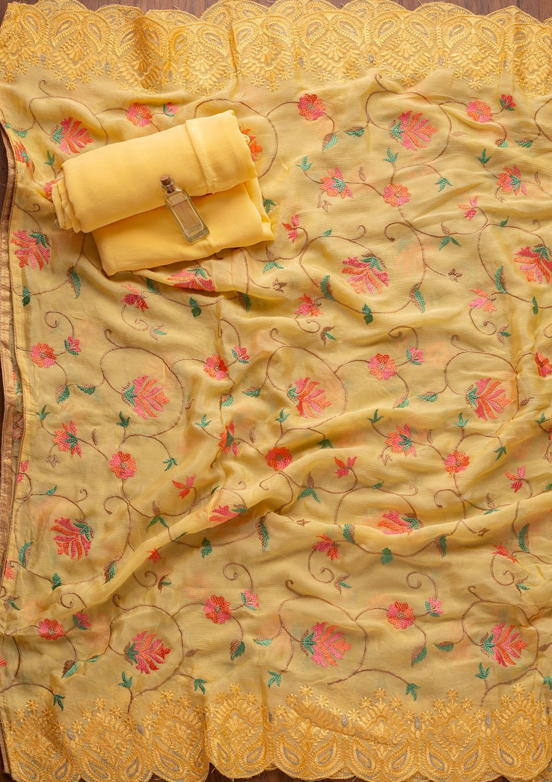 Yellow Threadwork Semi Crepe Designer Unstitched Salwar Suit - koskii