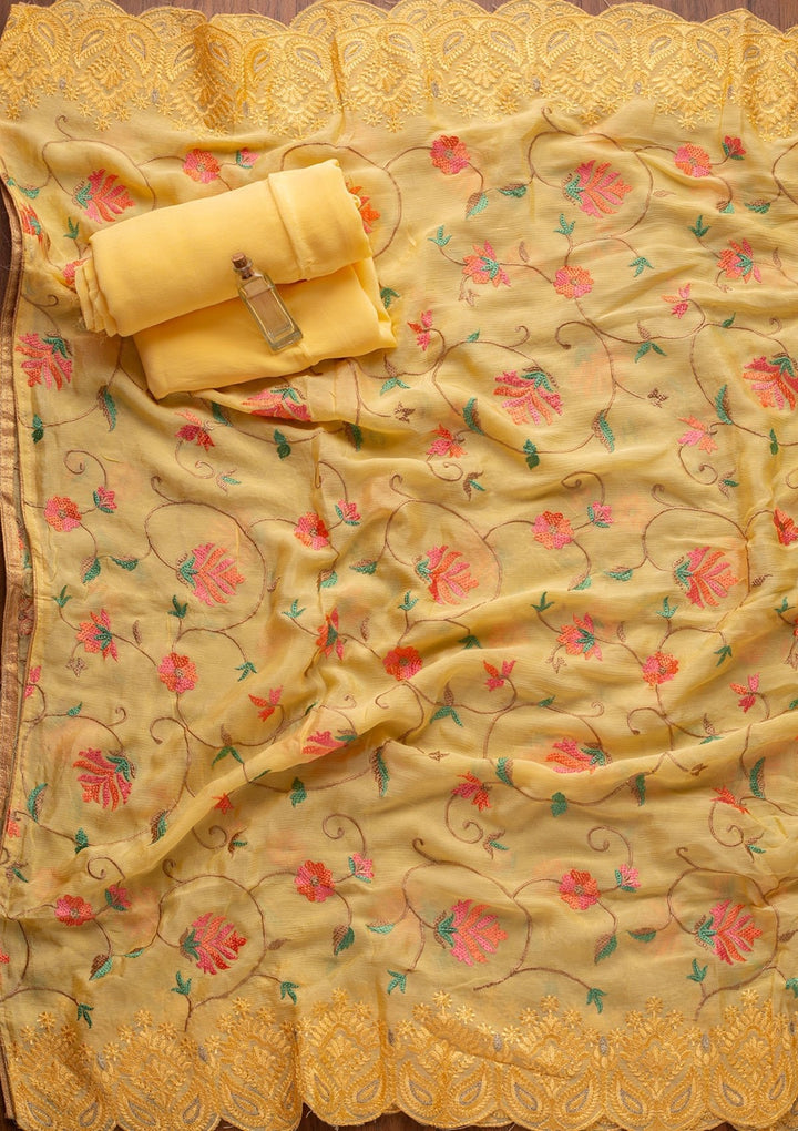 Yellow Threadwork Semi Crepe Designer Unstitched Salwar Suit - koskii