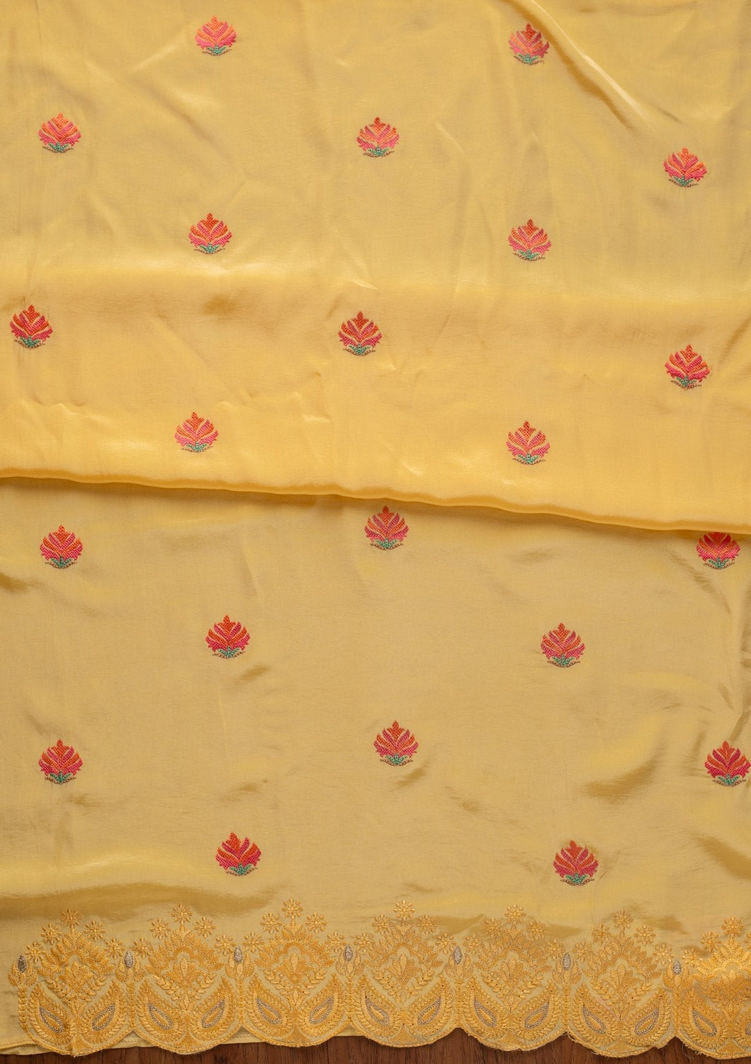 Yellow Threadwork Semi Crepe Designer Unstitched Salwar Suit - koskii