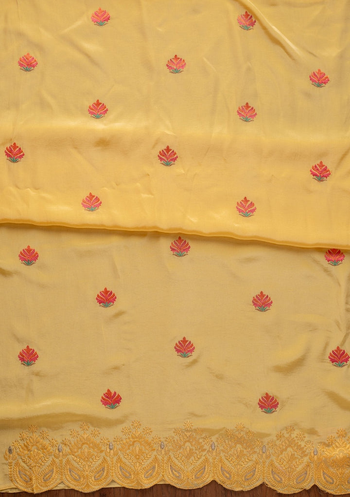 Yellow Threadwork Semi Crepe Designer Unstitched Salwar Suit - koskii