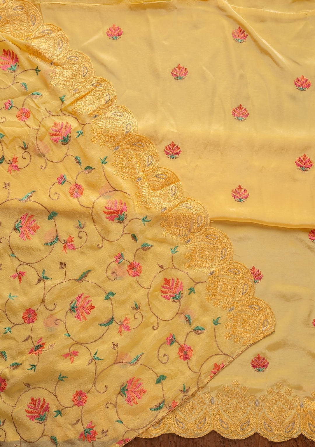 Yellow Threadwork Semi Crepe Designer Unstitched Salwar Suit - koskii