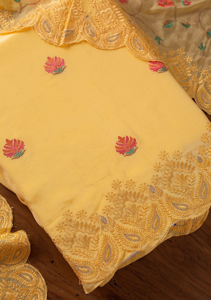 Yellow Threadwork Semi Crepe Designer Unstitched Salwar Suit - koskii