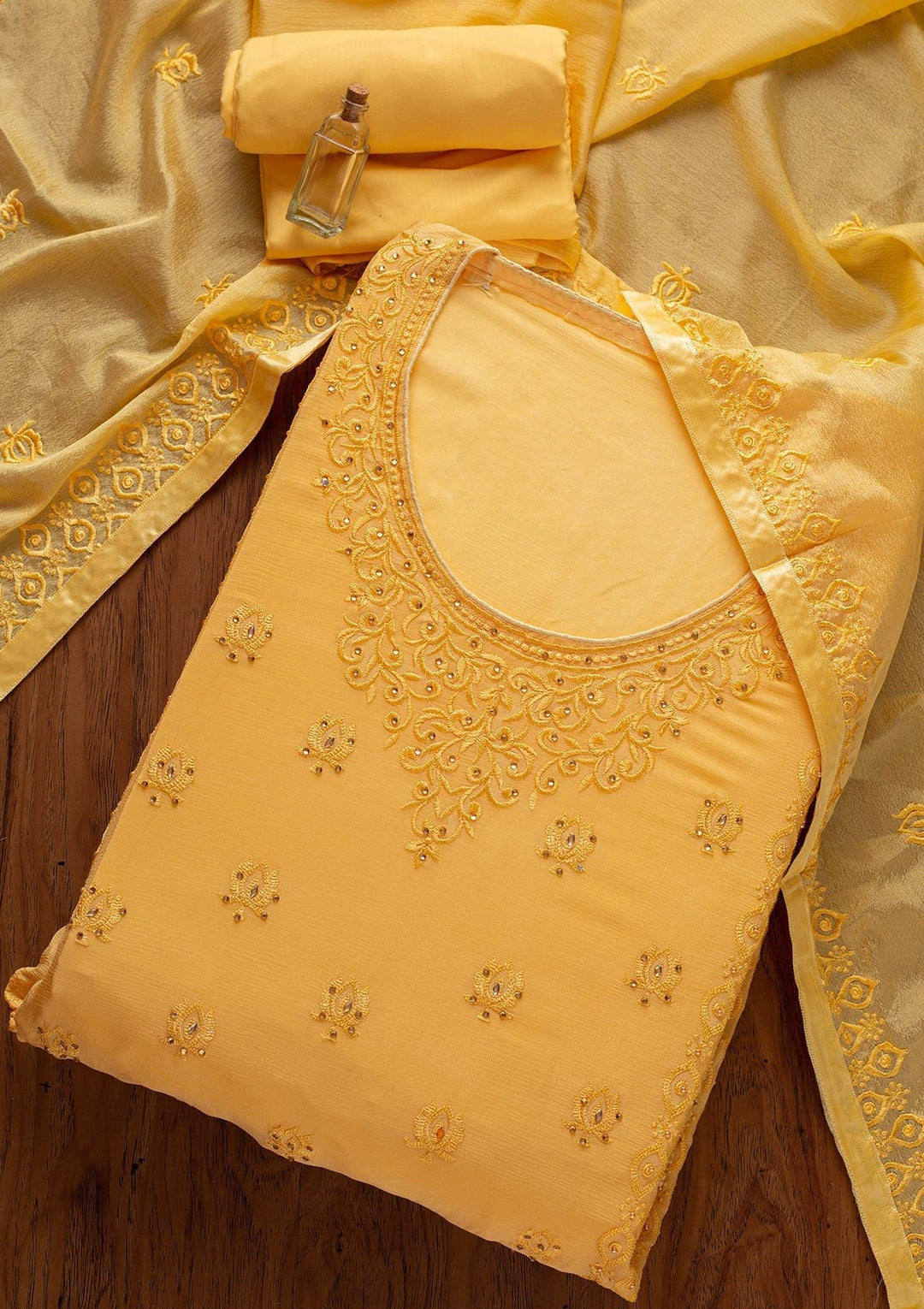 Yellow Threadwork Semi Crepe Designer Unstitched Salwar Suit - koskii