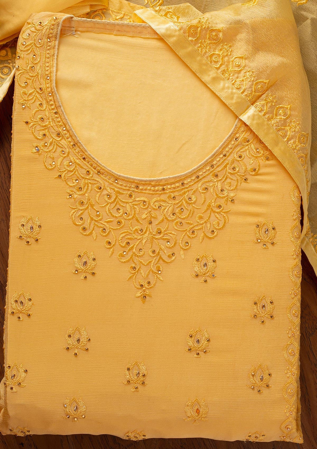 Yellow Threadwork Semi Crepe Designer Unstitched Salwar Suit - koskii