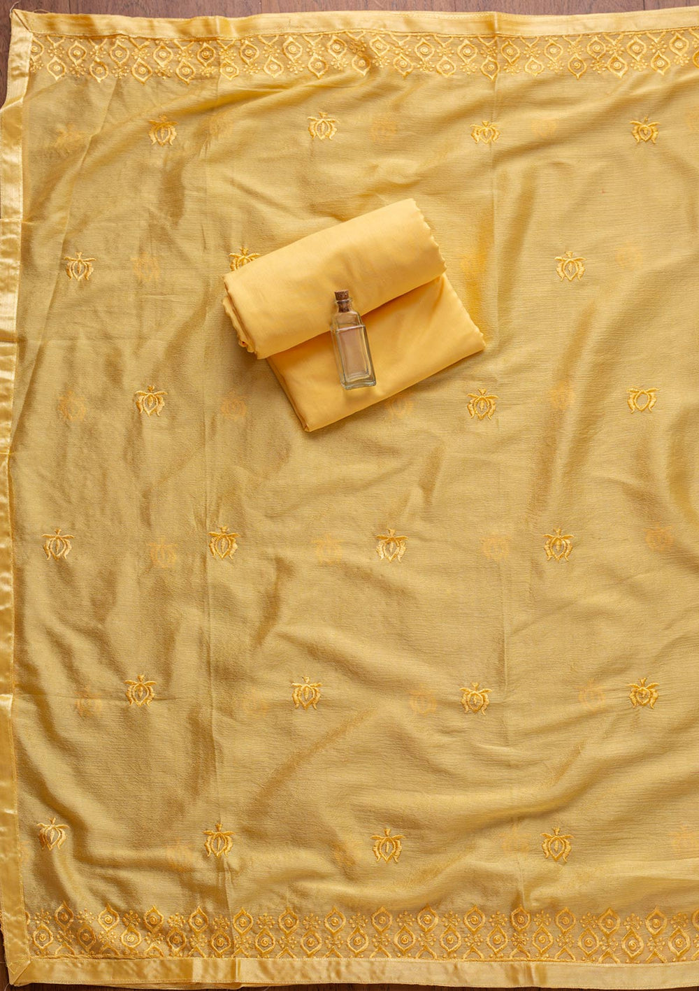 Yellow Threadwork Semi Crepe Designer Unstitched Salwar Suit - koskii