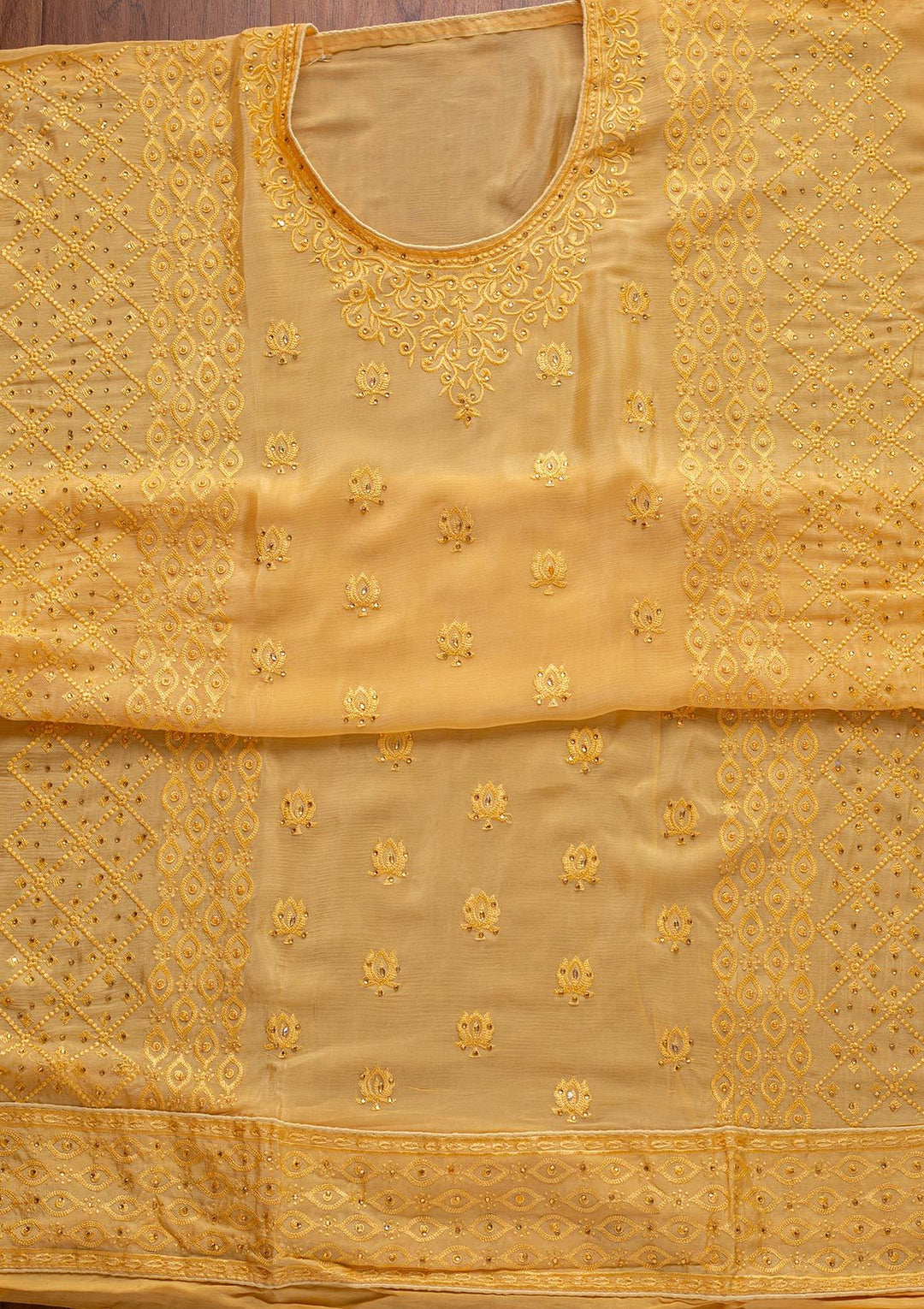 Yellow Threadwork Semi Crepe Designer Unstitched Salwar Suit - koskii