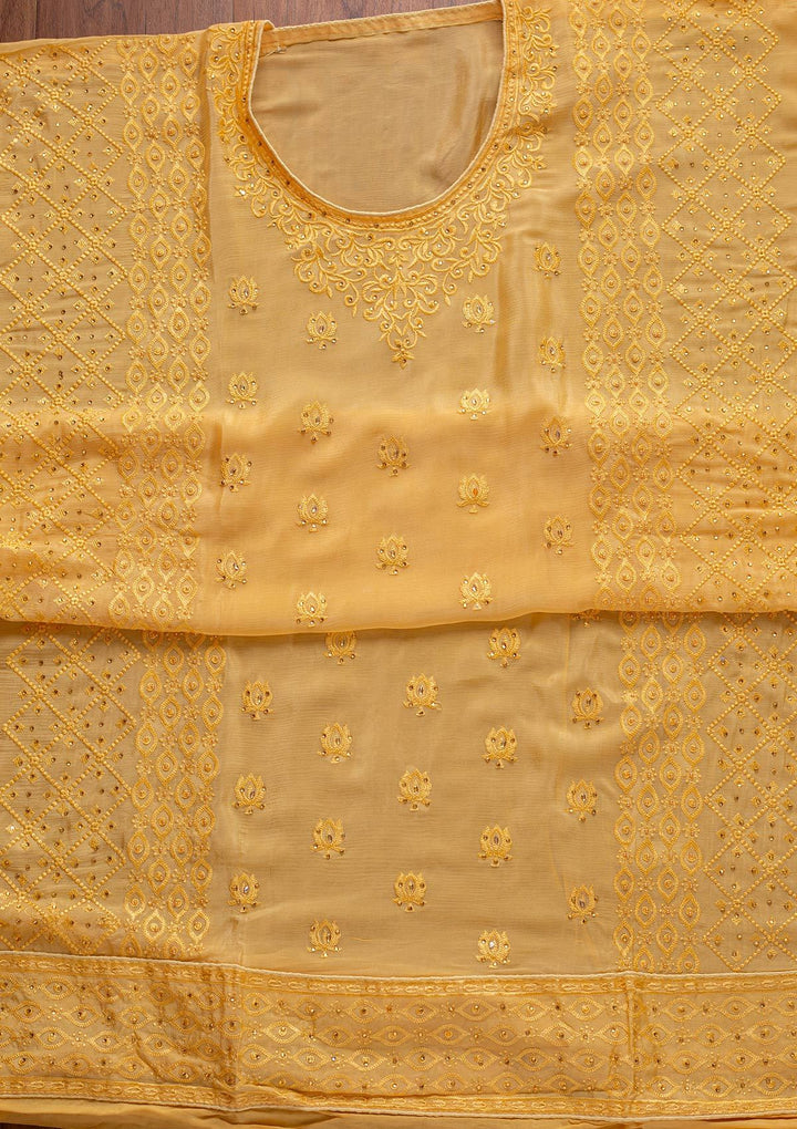 Yellow Threadwork Semi Crepe Designer Unstitched Salwar Suit - koskii