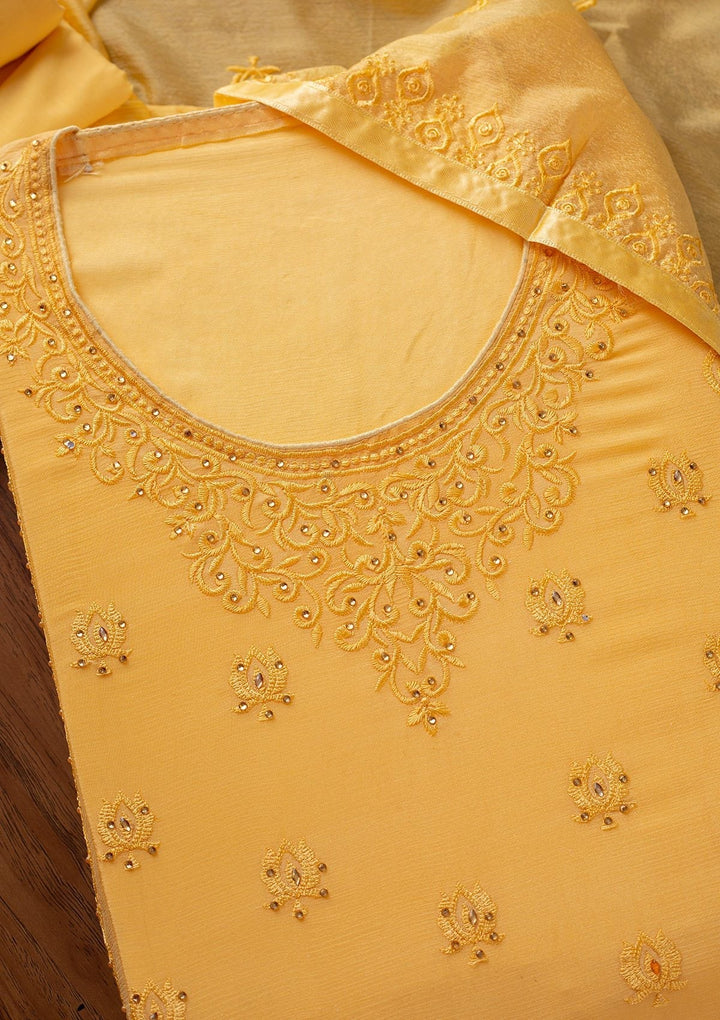 Yellow Threadwork Semi Crepe Designer Unstitched Salwar Suit - koskii