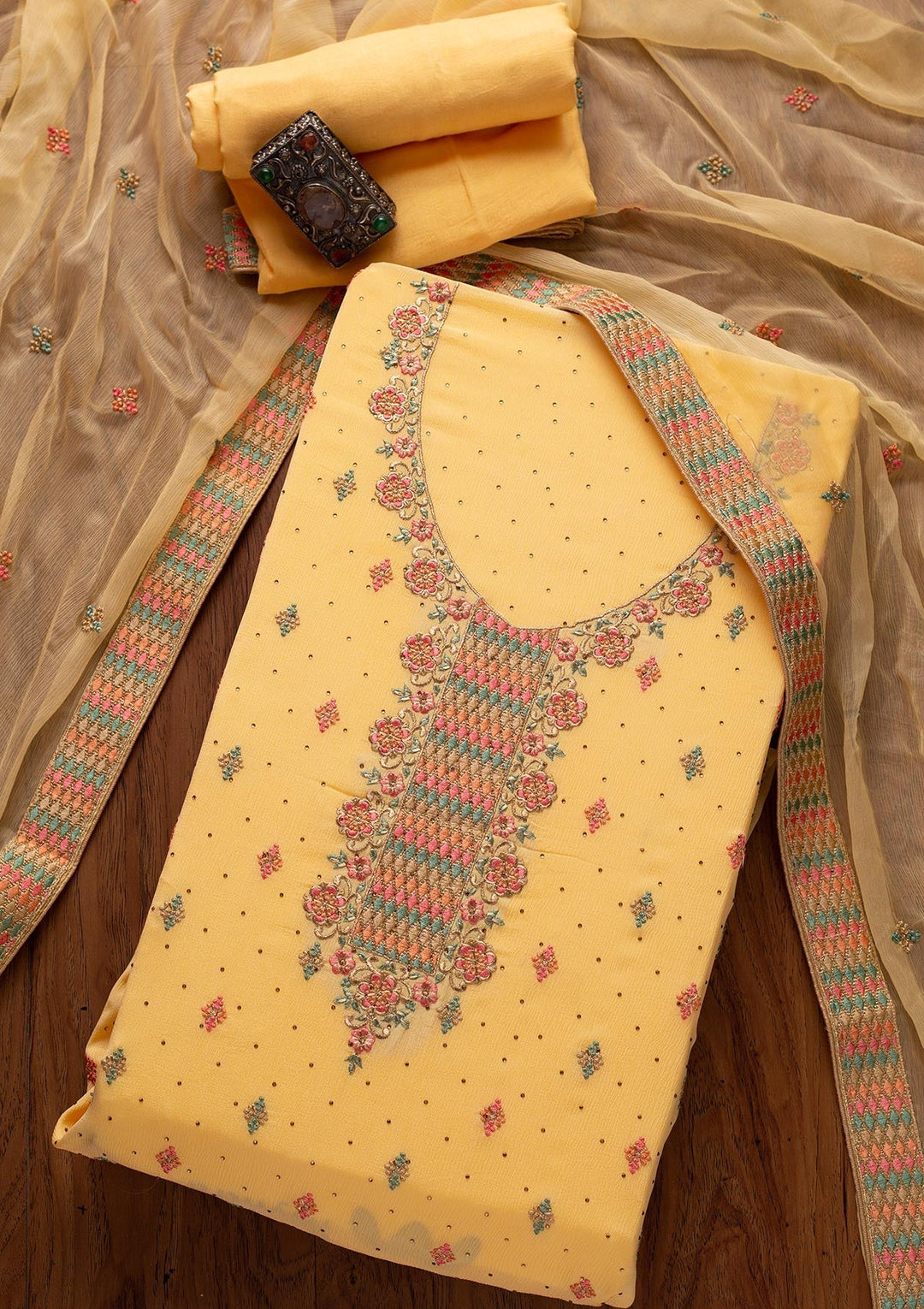 Yellow Threadwork Semi Crepe Designer Semi-Stitched Salwar Suit - koskii
